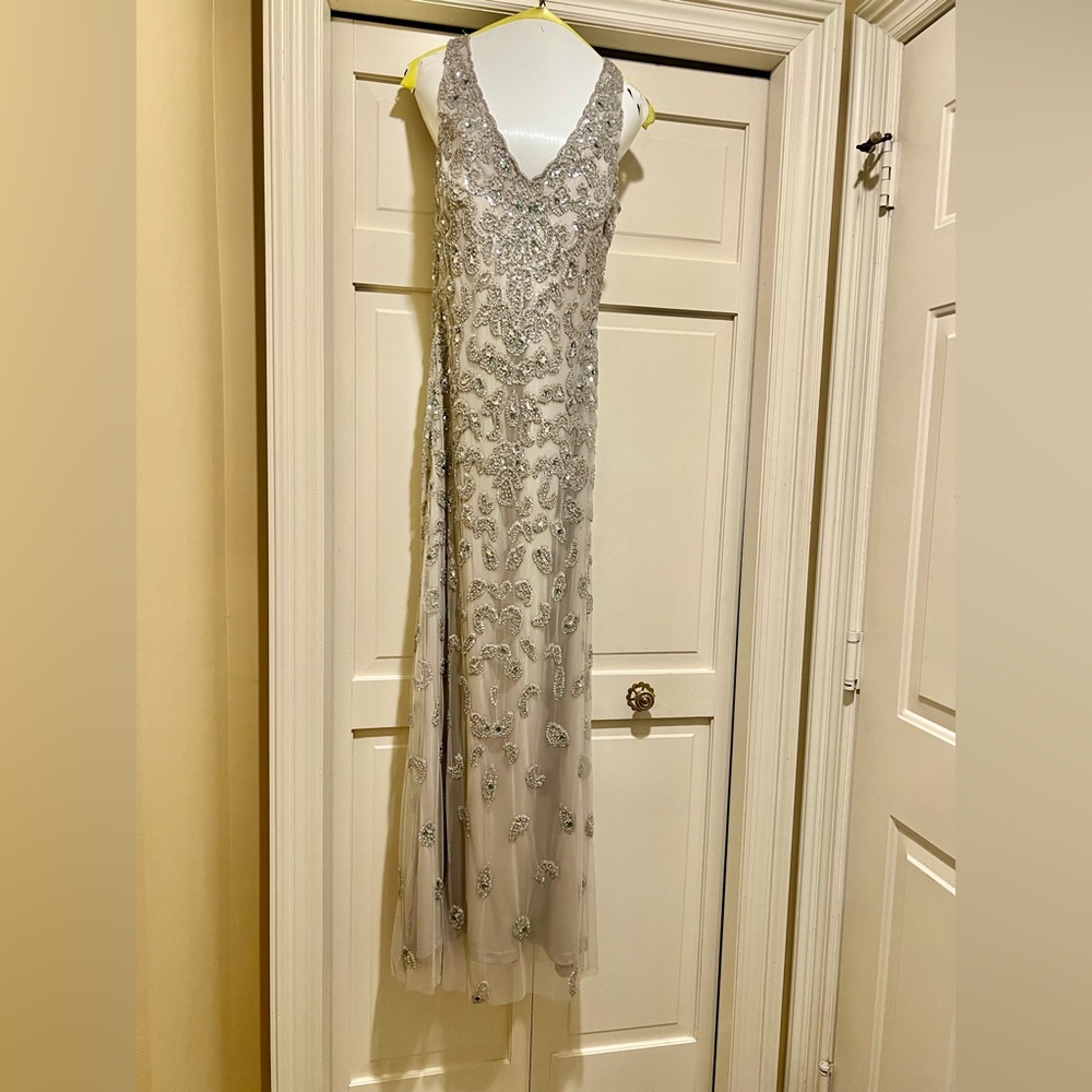 Aidan Mattox beaded silver gown